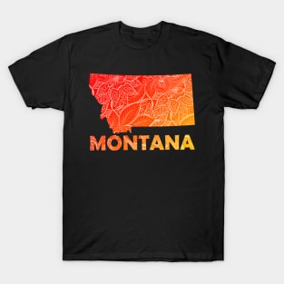 Colorful mandala art map of Montana with text in red and orange T-Shirt